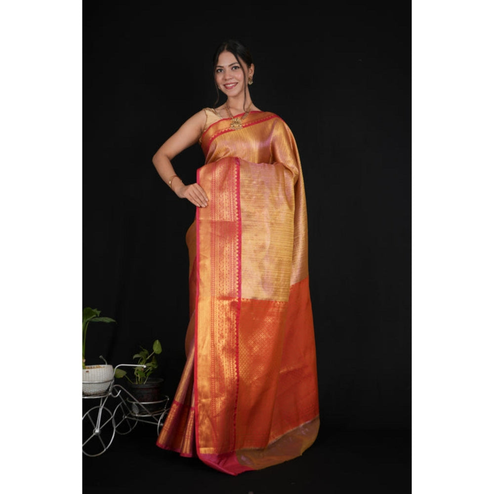 Isadora Life Womens Woven Zari Orange Pre-Draped Saree With Unstitched Blouse