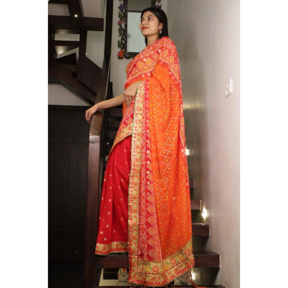 Isadora Life Womens Bandhani Printed Orange Pre-Draped Saree With Unstitched Blouse