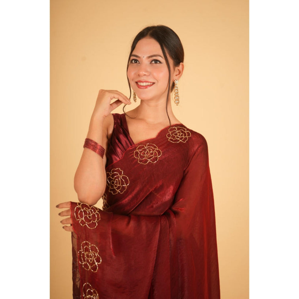 Isadora Life Womens Sequined Maroon Pre-Draped Saree With Unstitched Blouse