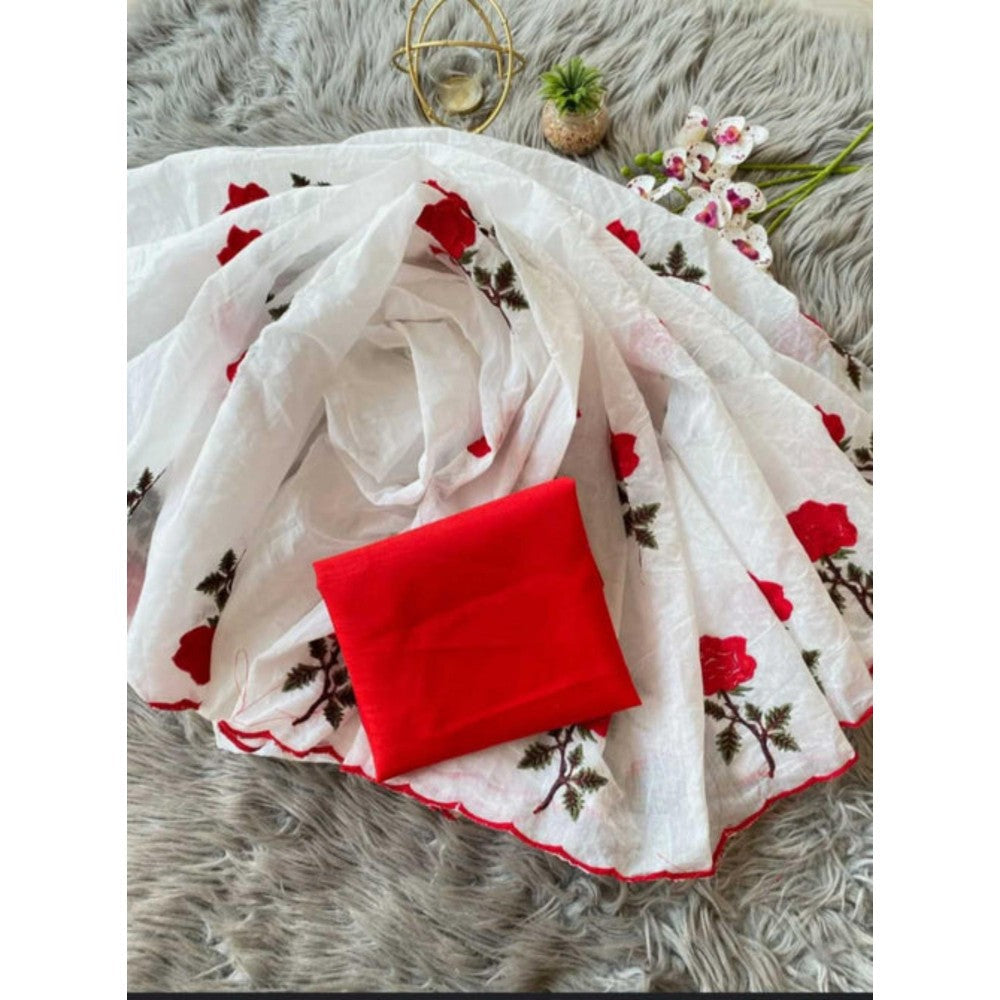 Isadora Life Womens Embroidered White Pre-Draped Saree With Unstitched Blouse