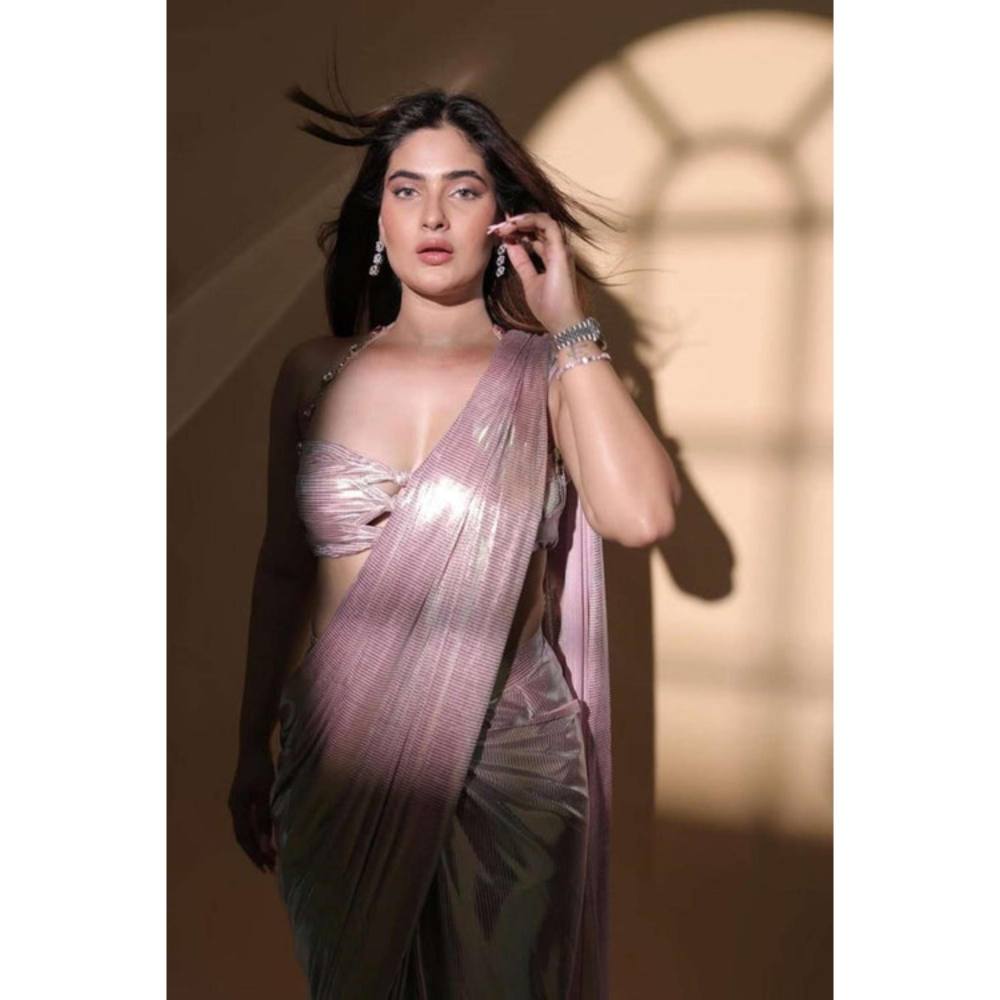 Isadora Life Womens Sequined Mauve Pre-Draped Saree With Unstitched Blouse