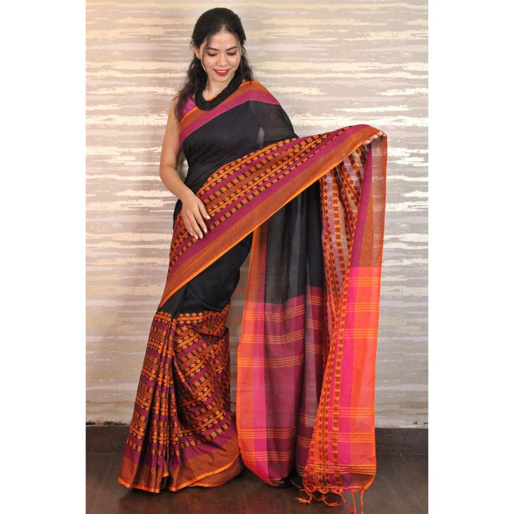 Isadora Life Womens Woven Tassels Black Pre-Draped Saree with Unstitched Blouse