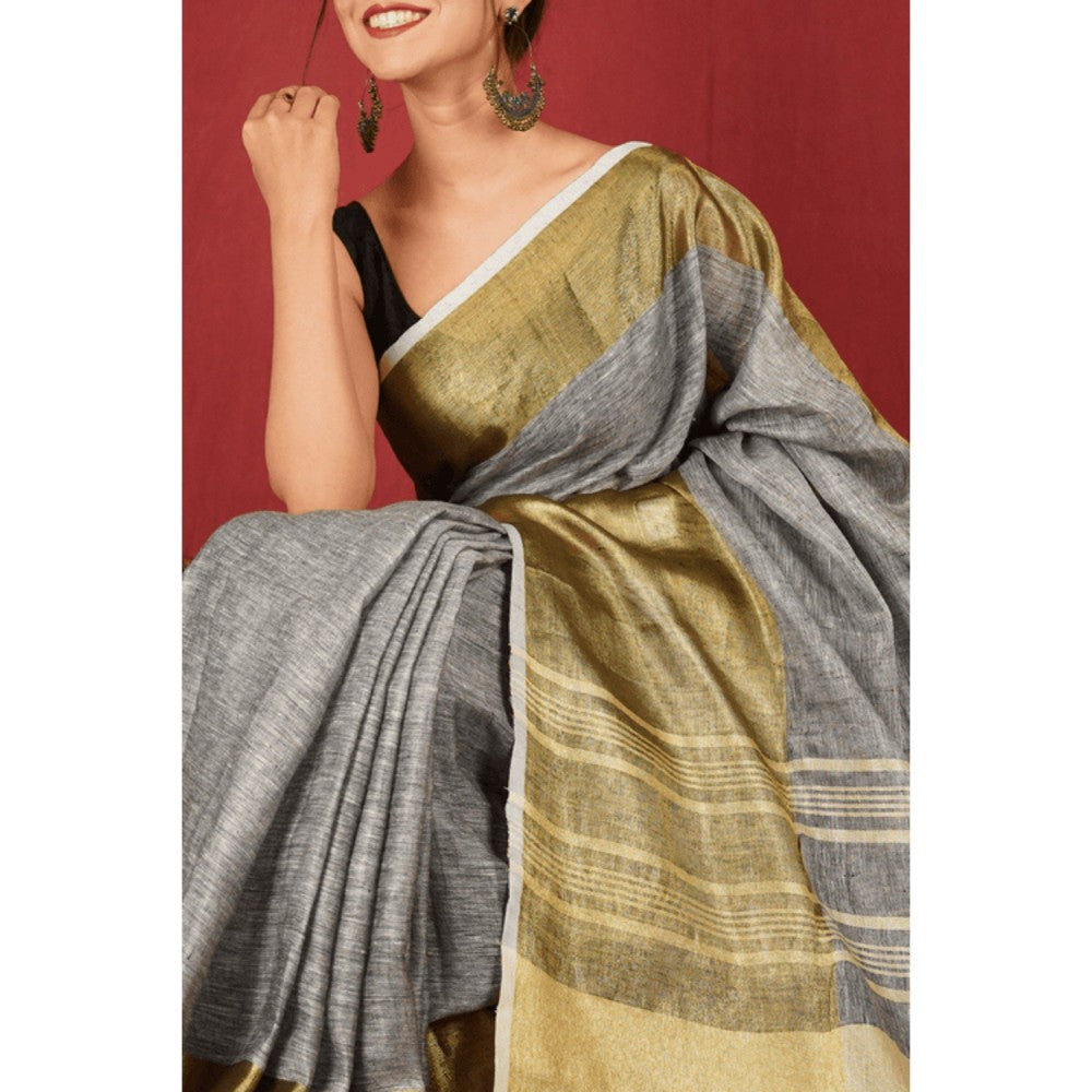 Isadora Life Womens Woven Zari Grey Pre-Draped Saree with Unstitched Blouse