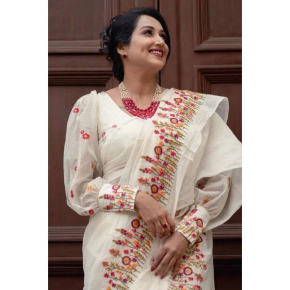 Isadora Life Womens Embroidered Thread Work White Pre-Draped Saree with Unstitched Blouse