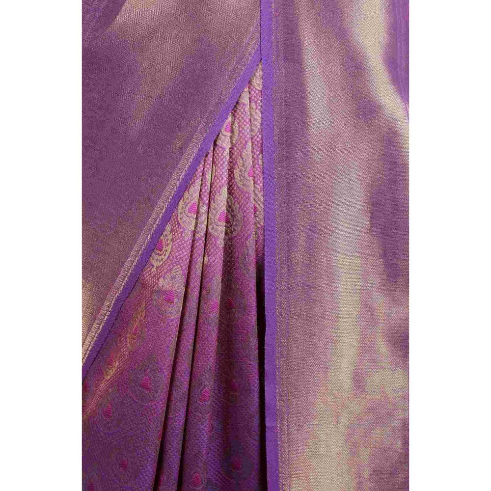 Isadora Life Womens Woven Tassels Wine Pre-Draped Saree with Unstitched Blouse
