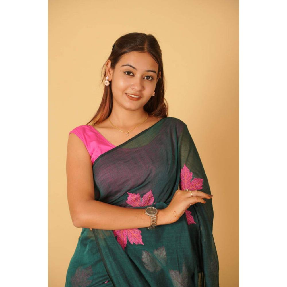 Isadora Life Womens Embroidered Tassels Green Pre-Draped Saree with Unstitched Blouse