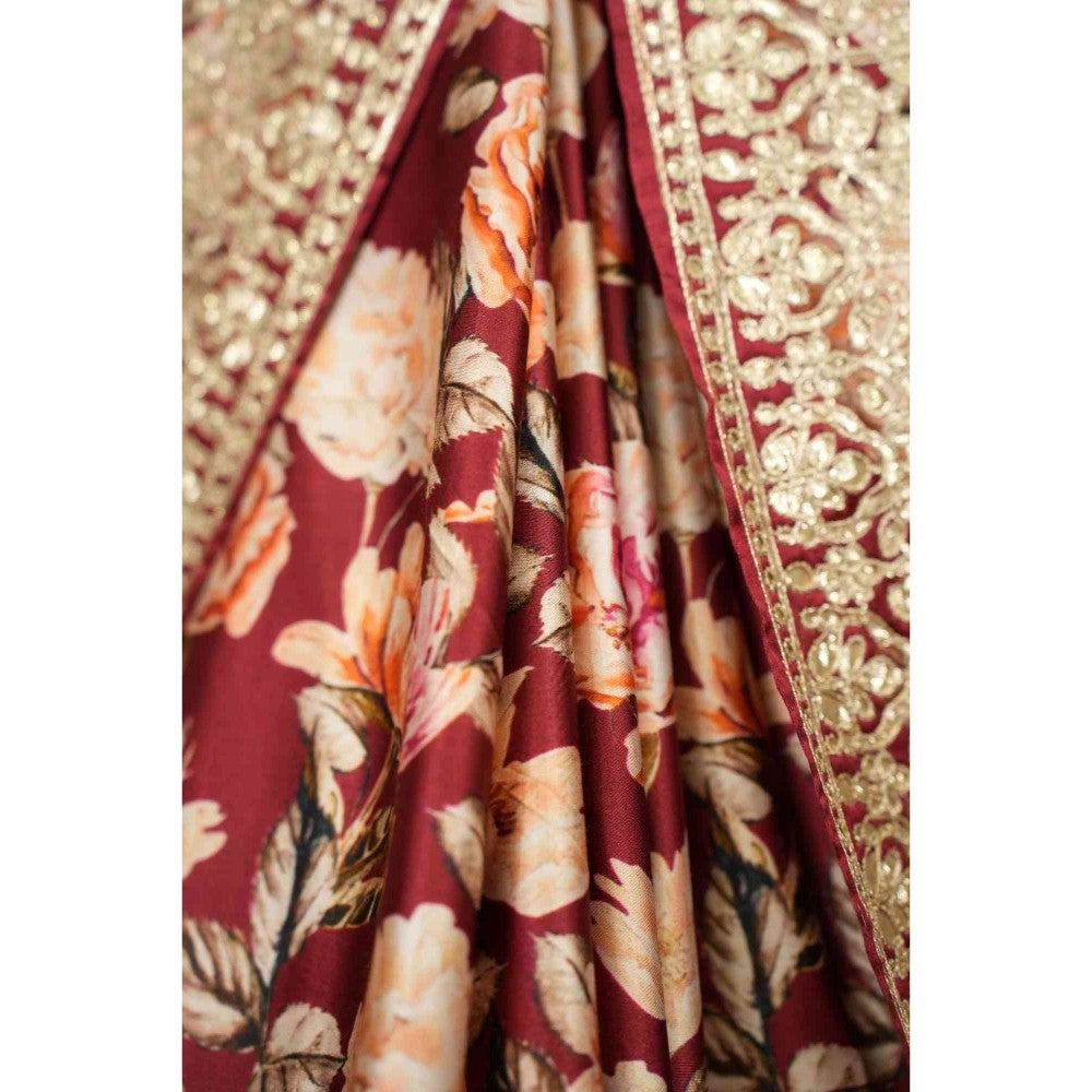 Isadora Life Womens Floral Embroidered Maroon Pre-Draped Saree with Unstitched Blouse