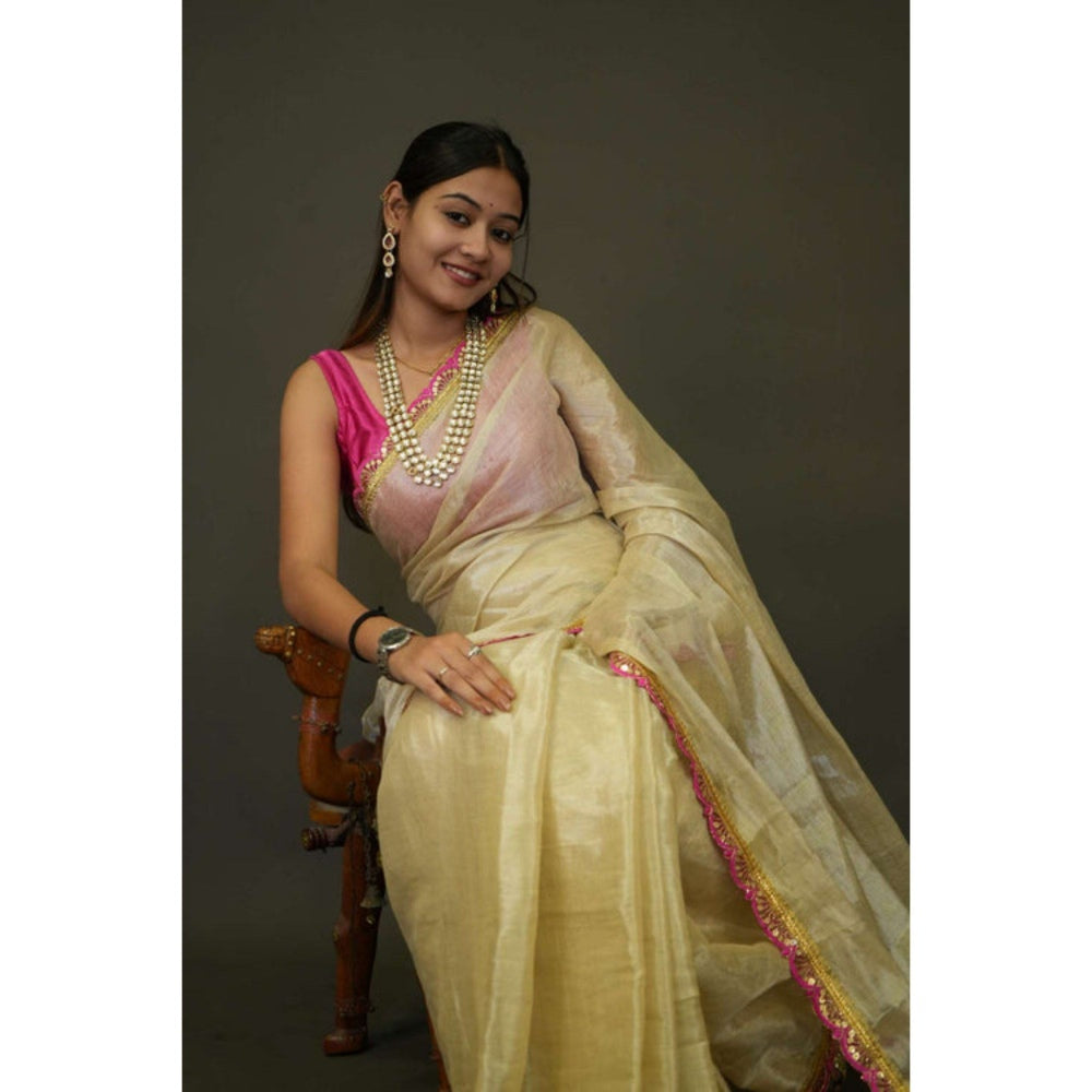 Isadora Life Womens Solid Tassels Beige Pre-Draped Saree with Unstitched Blouse