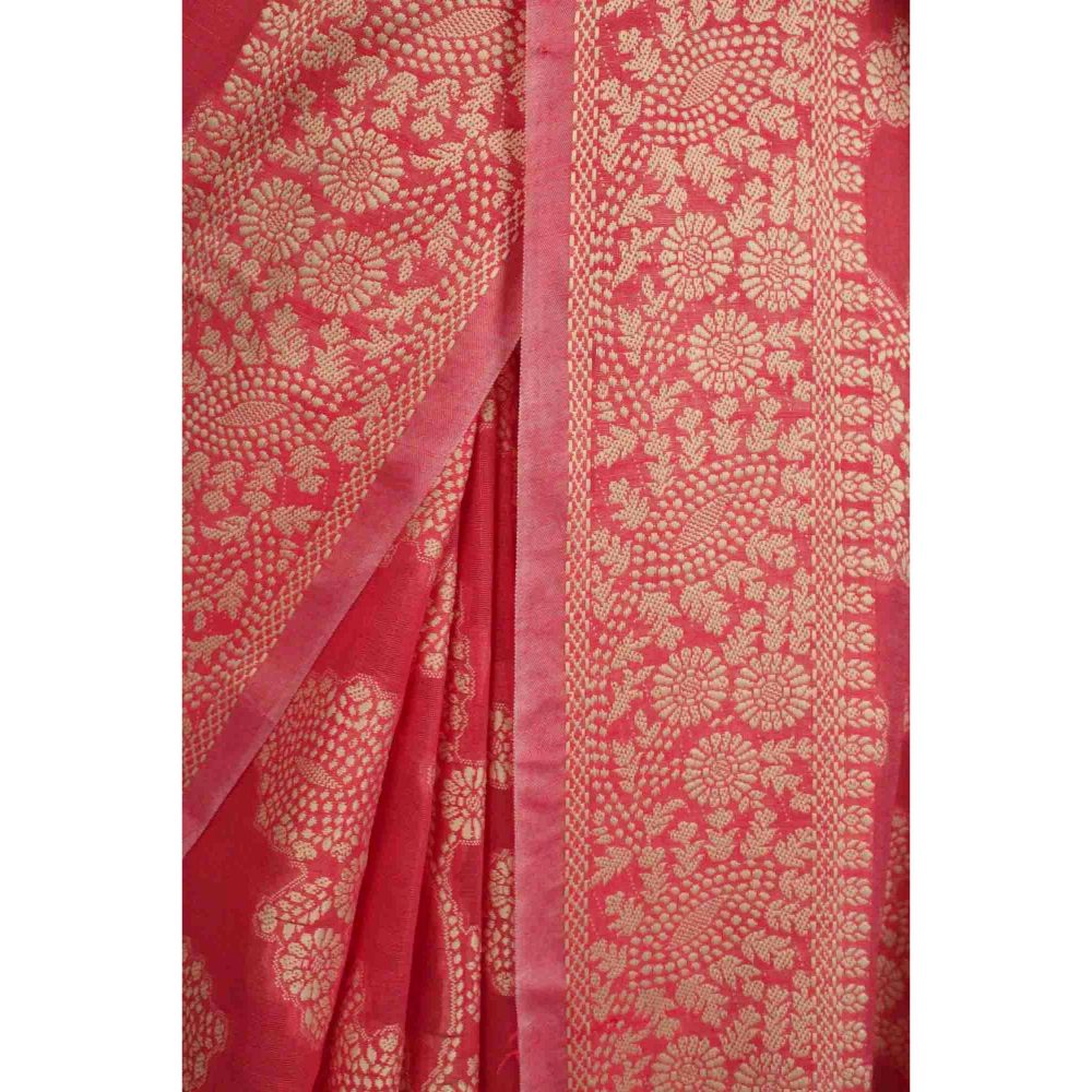 Isadora Life Womens Floral Woven Pink Pre-Draped Saree with Unstitched Blouse