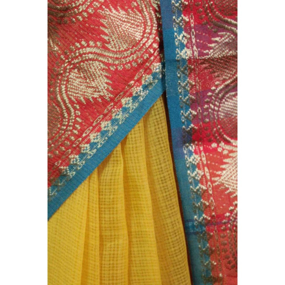 Isadora Life Womens Woven Zari Yellow Pre-Draped Saree with Unstitched Blouse