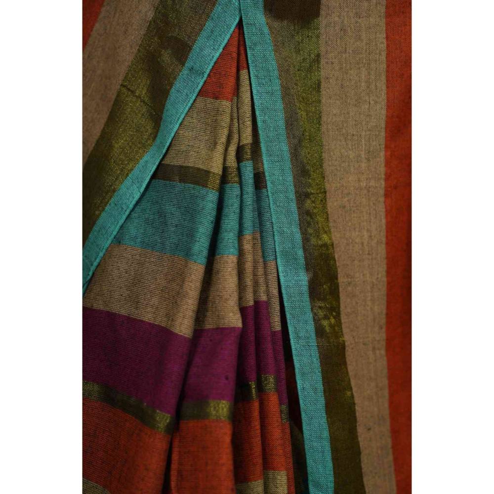 Isadora Life Womens Stripes Tassels Multi-Color Pre-Draped Saree with Unstitched Blouse