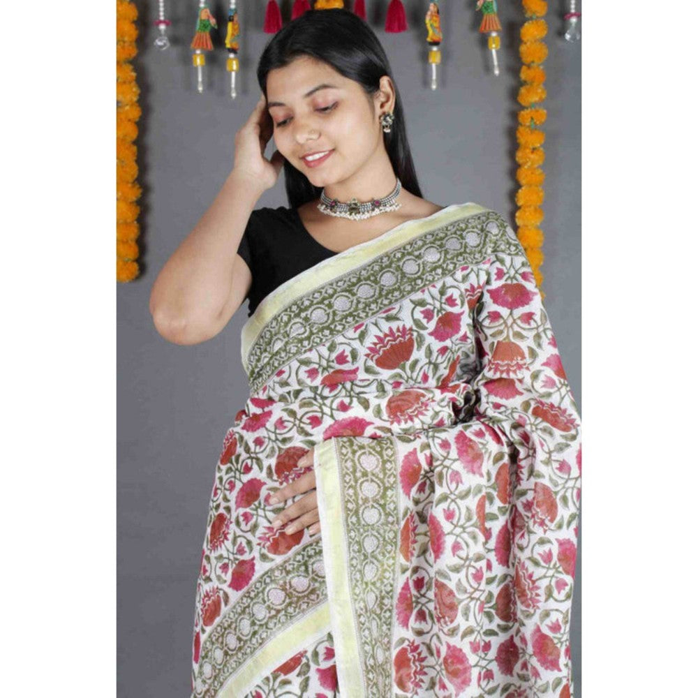 Isadora Life Womens Floral Printed Multi-Color Pre-Draped Saree with Unstitched Blouse