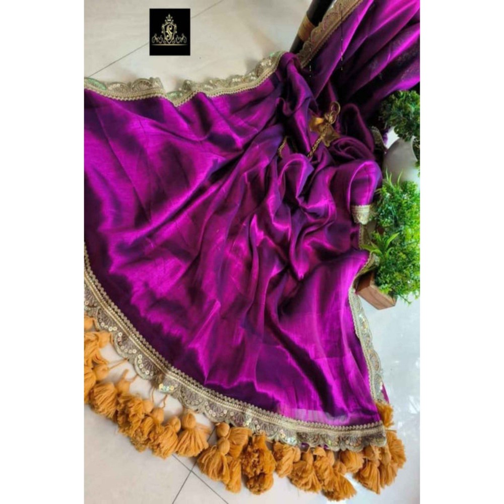 Isadora Life Womens Solid Tassels Purple Pre-Draped Saree with Unstitched Blouse