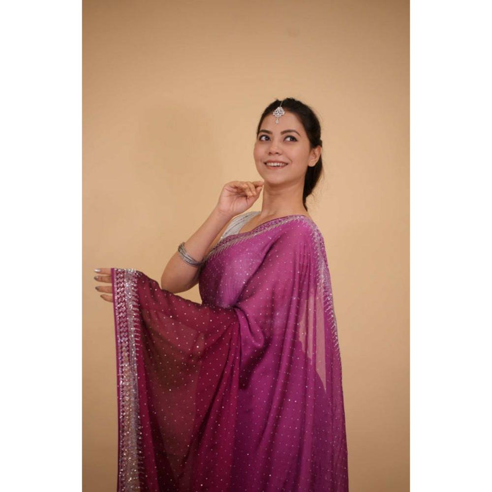 Isadora Life Womens Beads Sequined Purple Pre-Draped Saree with Unstitched Blouse