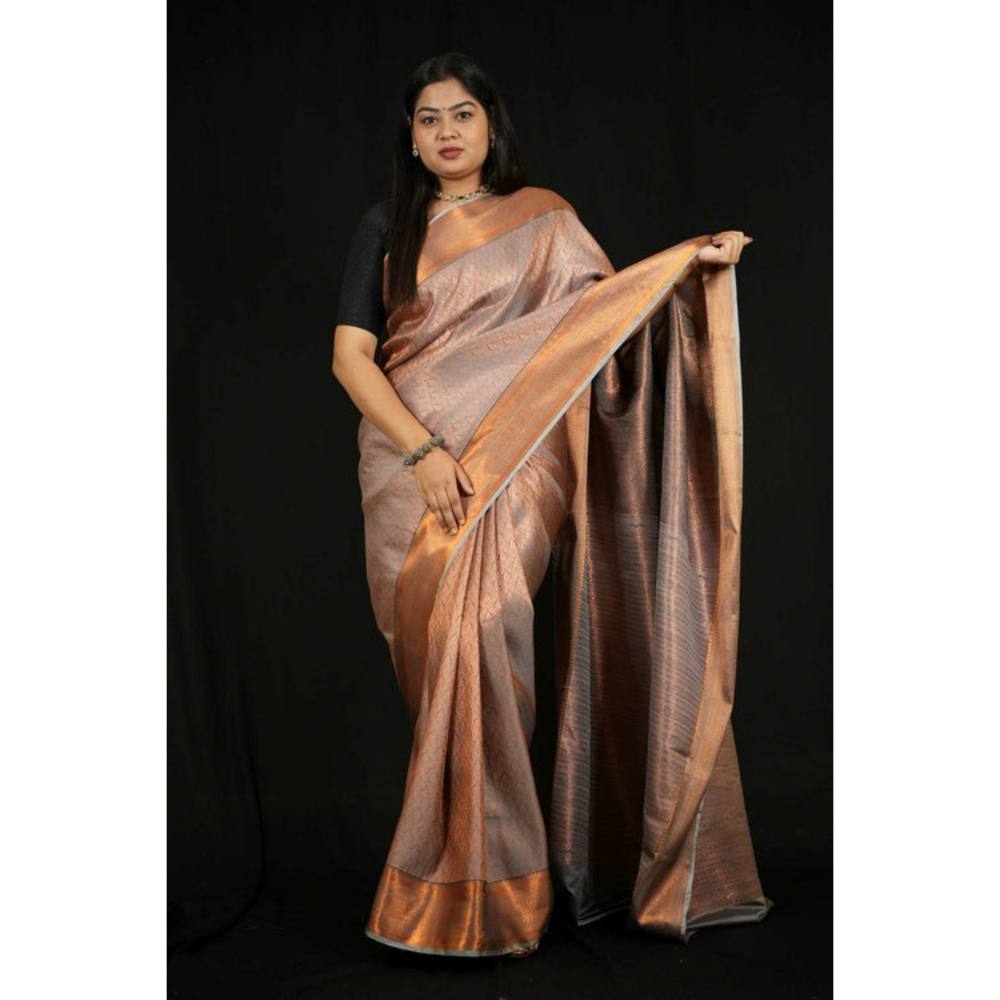 Isadora Life Womens Woven Zari Copper Pre-Draped Saree with Unstitched Blouse