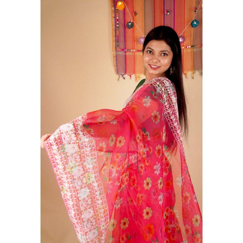 Isadora Life Womens Floral Embroidered Pink Pre-Draped Saree with Unstitched Blouse
