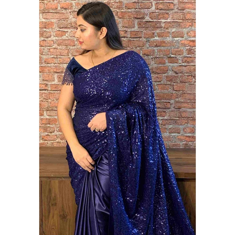 Isadora Life Womens Sequined Blue Pre-Draped Saree with Unstitched Blouse