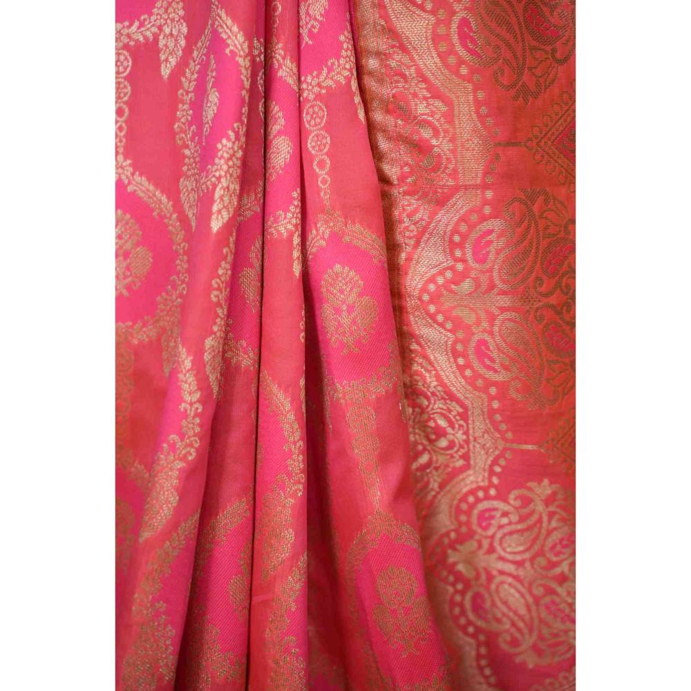 Isadora Life Womens Woven Zari Pink Pre-Draped Saree with Unstitched Blouse