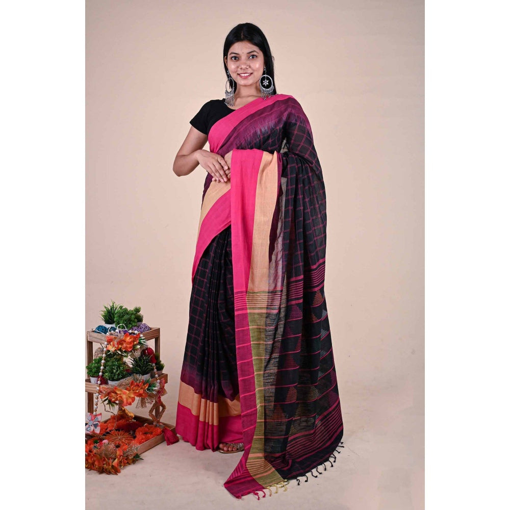 Isadora Life Womens Checks Tassels Black Pre-Draped Saree with Unstitched Blouse