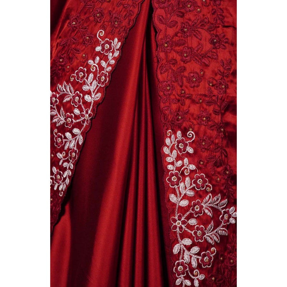 Isadora Life Womens Sequined Embroidered Maroon Pre-Draped Saree with Unstitched Blouse