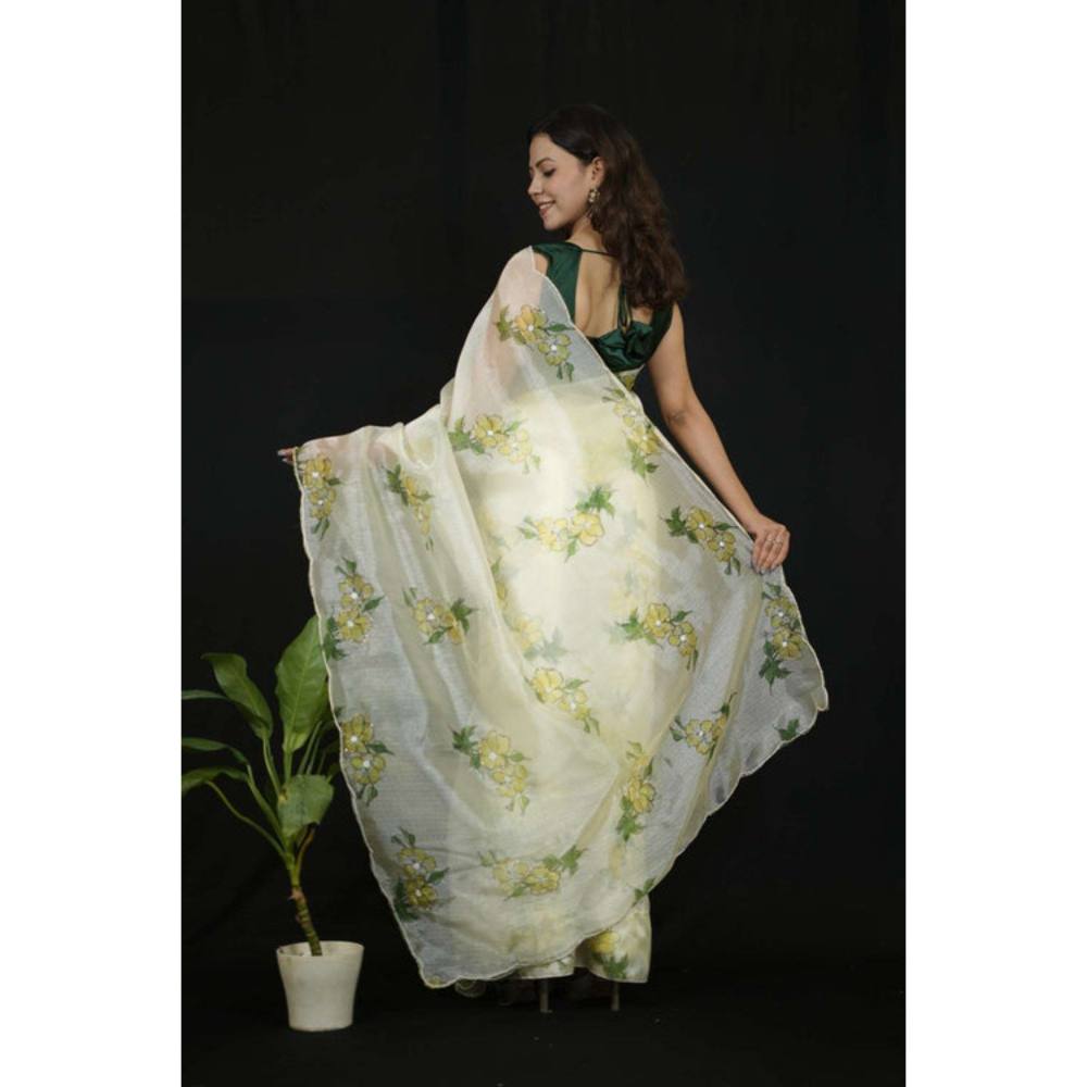 Isadora Life Womens Floral Printed Cream Pre-Draped Saree with Unstitched Blouse