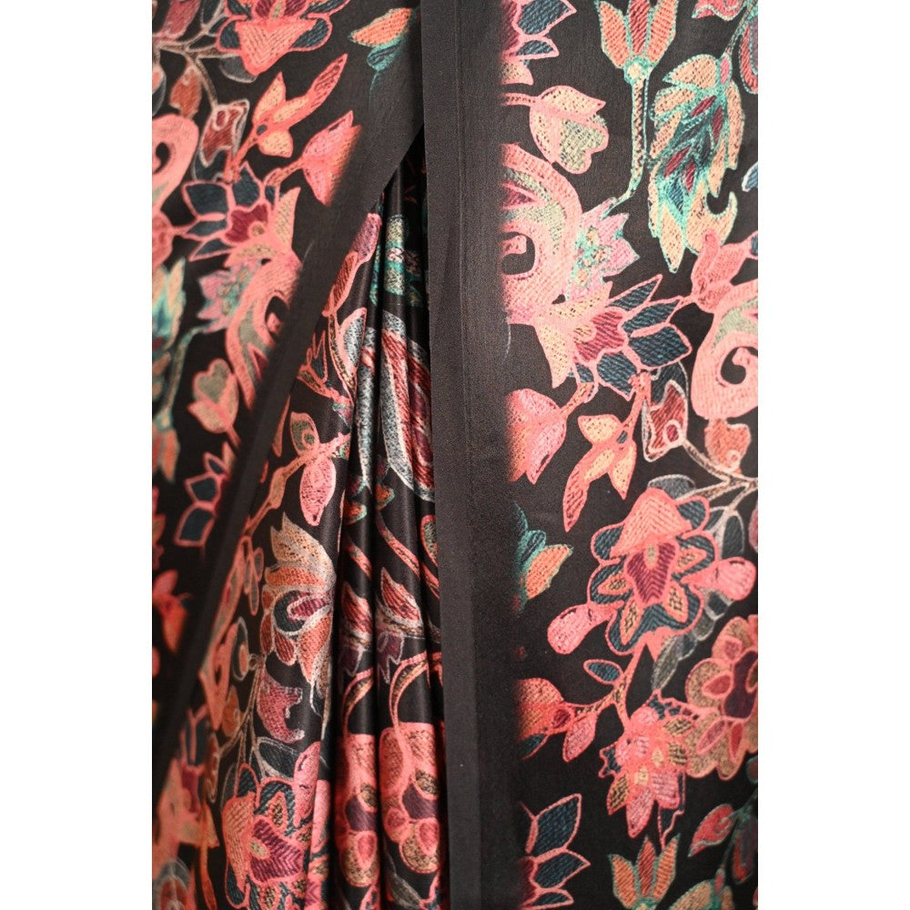Isadora Life Womens Floral Printed Black Pre-Draped Saree with Unstitched Blouse