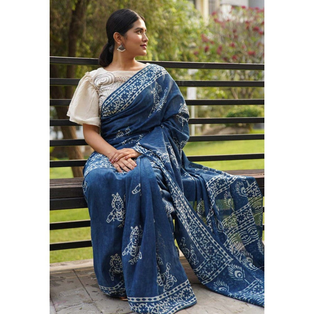 Isadora Life Womens Printed Blue Pre-Draped Saree with Unstitched Blouse