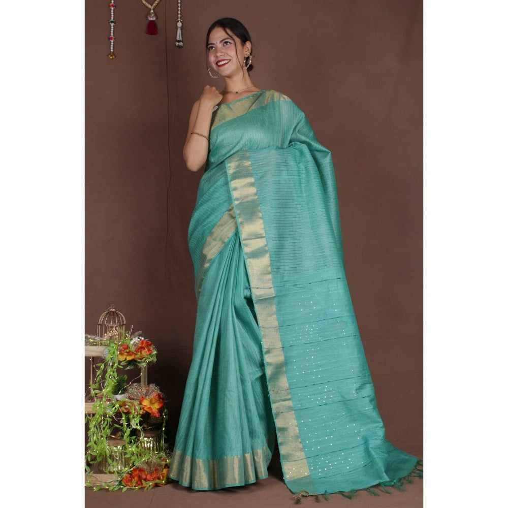 Isadora Life Womens Woven Zari Blue Pre-Draped Saree with Unstitched Blouse