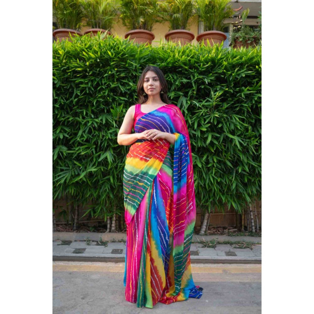 Isadora Life Womens Tie & Dye Tassels Multi-Color Pre-Draped Saree with Unstitched Blouse