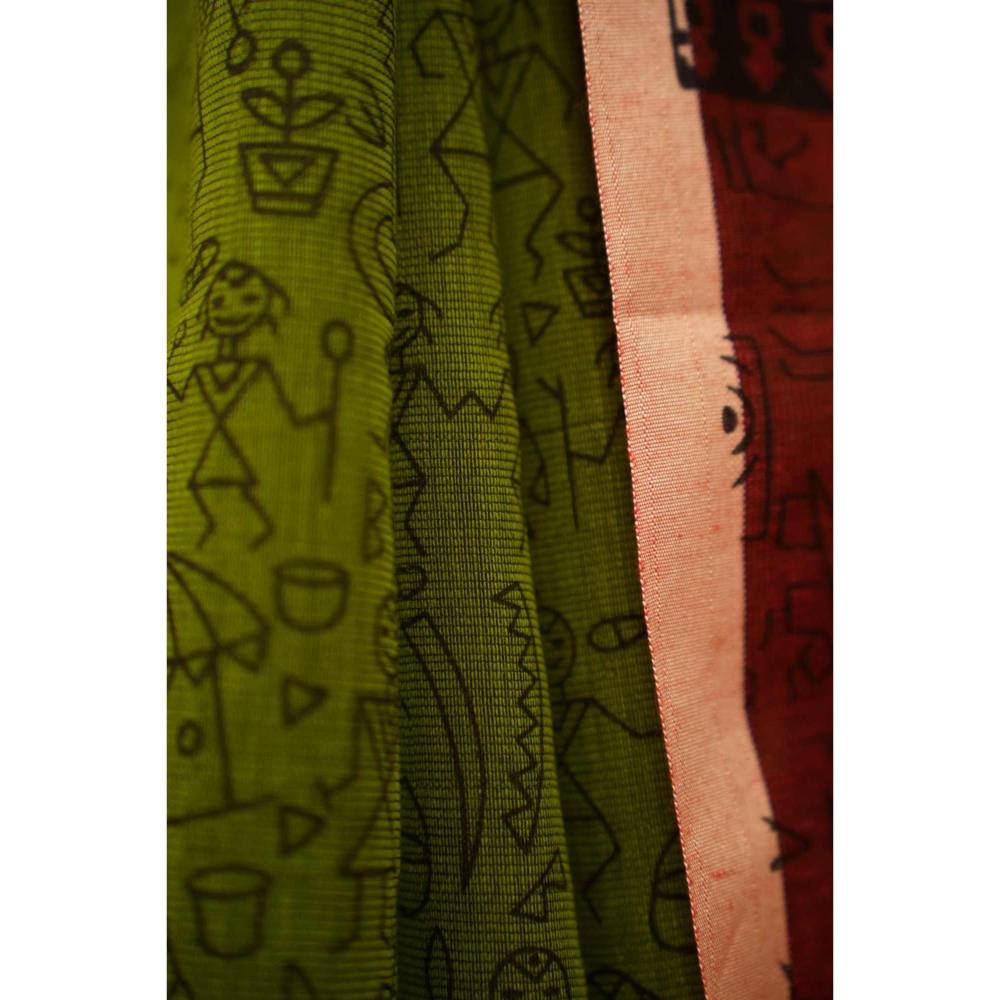 Isadora Life Womens Printed Tassels Green Pre-Draped Saree with Unstitched Blouse