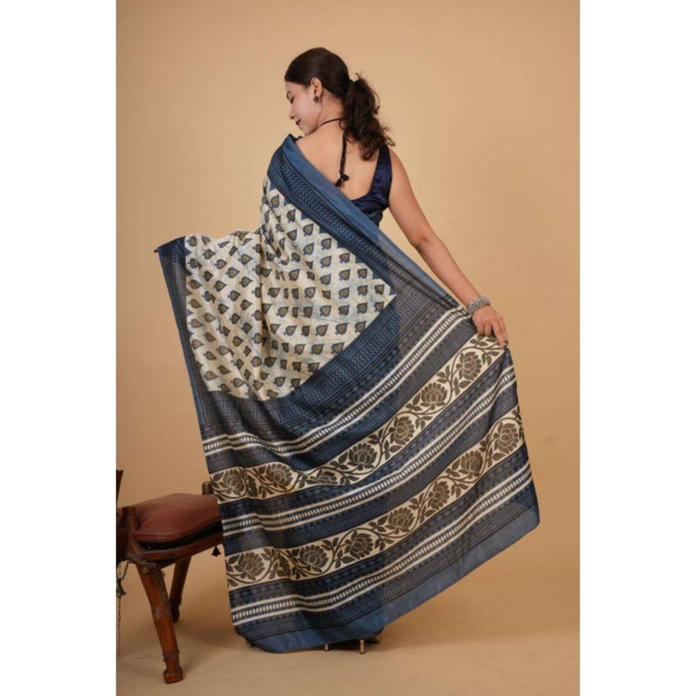 Isadora Life Womens Block Print Off White Pre-Draped Saree with Unstitched Blouse