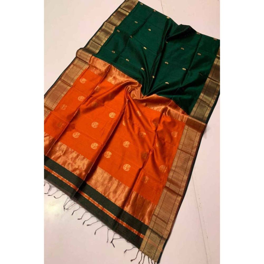 Isadora Life Womens Woven Zari Green Pre-Draped Saree with Unstitched Blouse