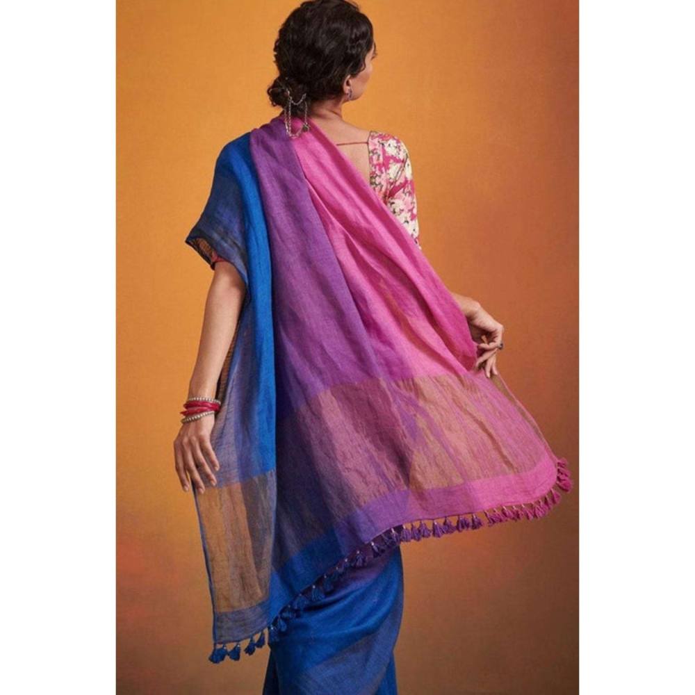 Isadora Life Womens Ombre Printed Blue Pre-Draped Saree with Unstitched Blouse