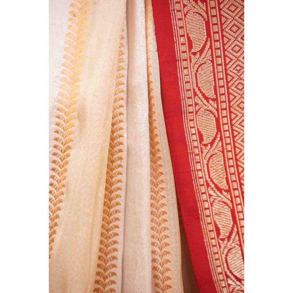 Isadora Life Womens Woven Tassels Off White Pre-Draped Saree with Unstitched Blouse