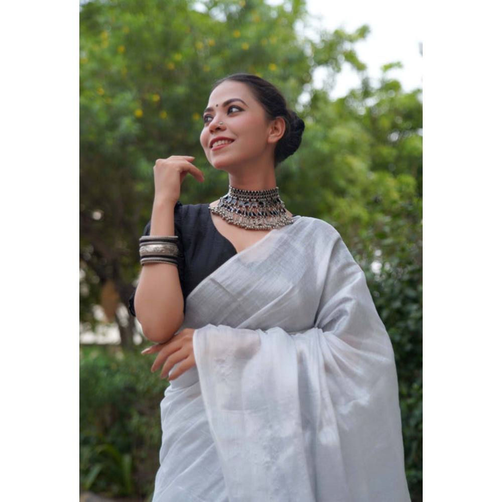 Isadora Life Womens Solid Tassels White Pre-Draped Saree with Unstitched Blouse