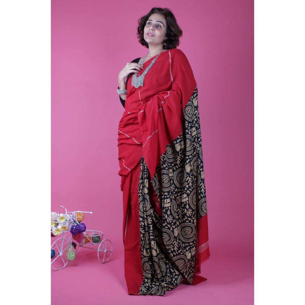 Isadora Life Womens Printed Red Pre-Draped Saree with Unstitched Blouse