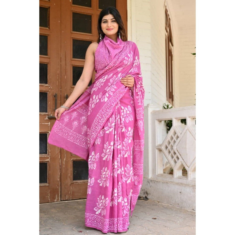 Isadora Life Womens Block Print Purple Pre-Draped Saree with Unstitched Blouse