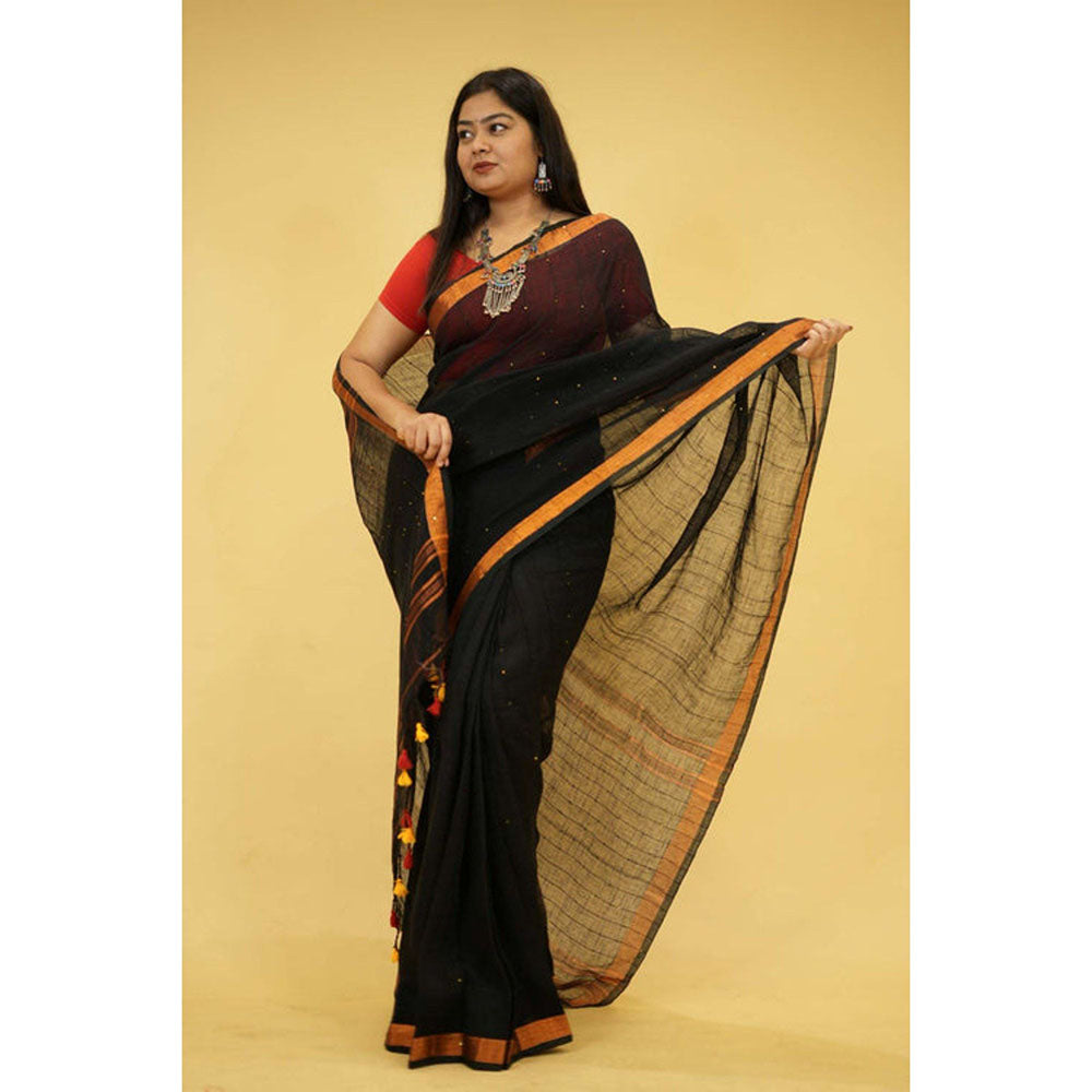 Isadora Life Womens Tassels Sequined Black Pre-Draped Saree with Unstitched Blouse