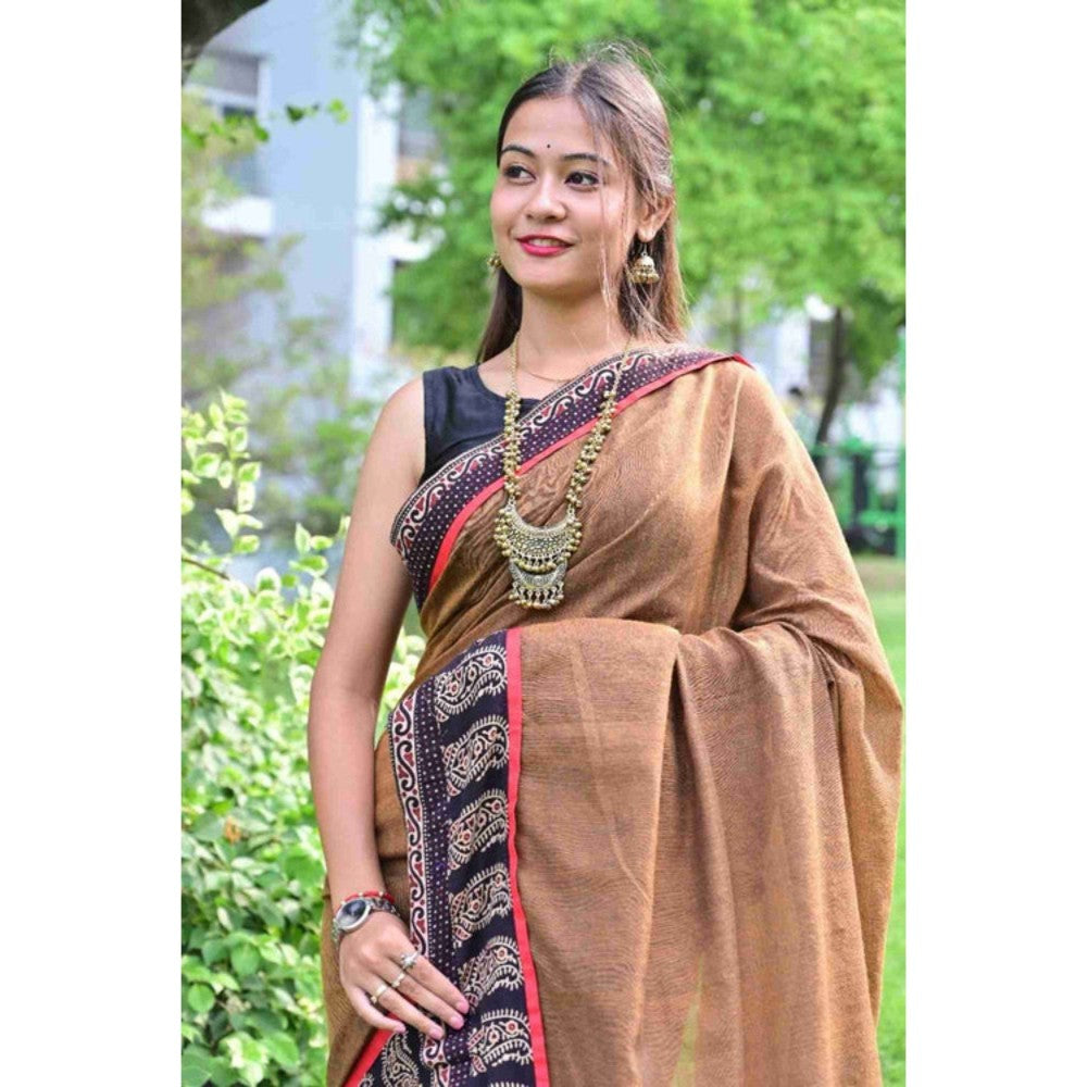 Isadora Life Womens Printed Brown Pre-Draped Saree with Unstitched Blouse