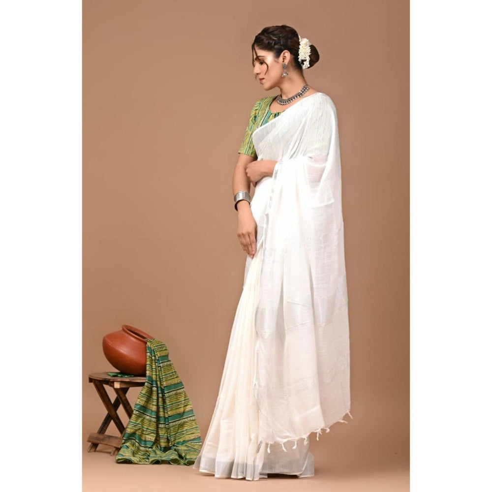 Isadora Life Womens Solid Tassels White Pre-Draped Saree with Unstitched Blouse