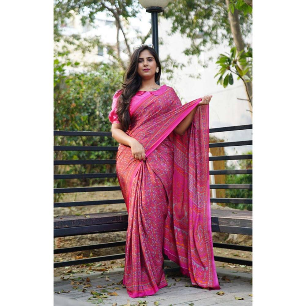 Isadora Life Womens Paisley Printed Pink Pre-Draped Saree with Unstitched Blouse