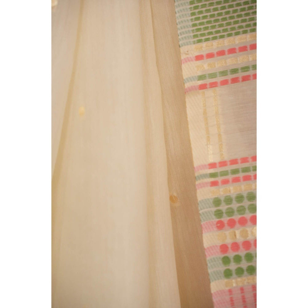 Isadora Life Womens Woven Tassels Cream Pre-Draped Saree with Unstitched Blouse