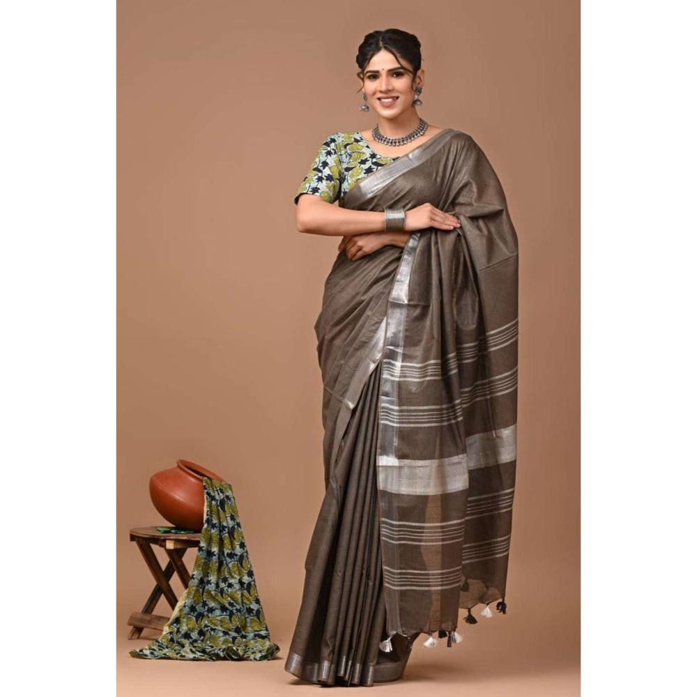 Isadora Life Womens Woven Tassels Brown Pre-Draped Saree with Unstitched Blouse