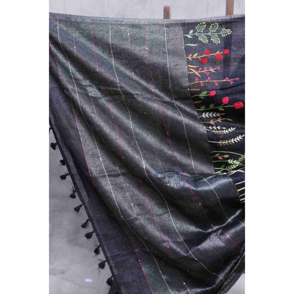 Isadora Life Womens Embroidered Tassels Black Pre-Draped Saree with Unstitched Blouse