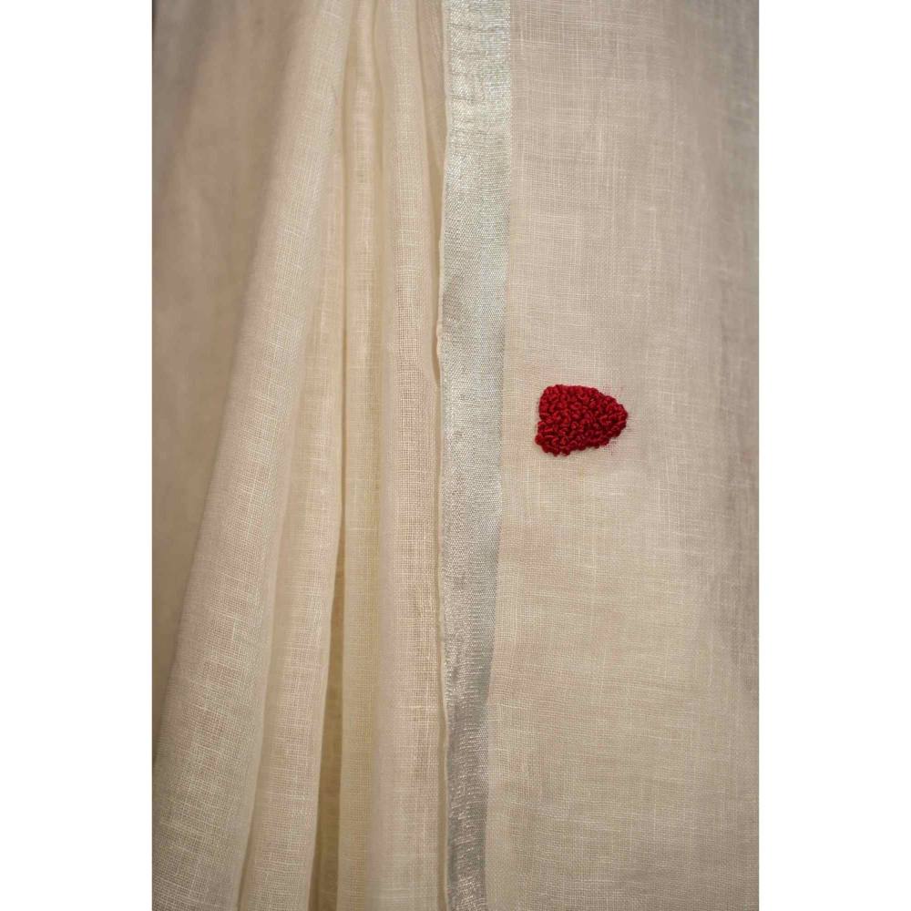 Isadora Life Womens Embroidered Tassels White Pre-Draped Saree with Unstitched Blouse