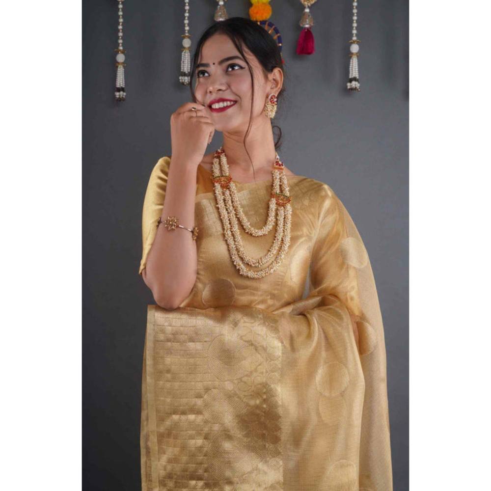 Isadora Life Womens Woven Zari Gold Pre-Draped Saree with Unstitched Blouse