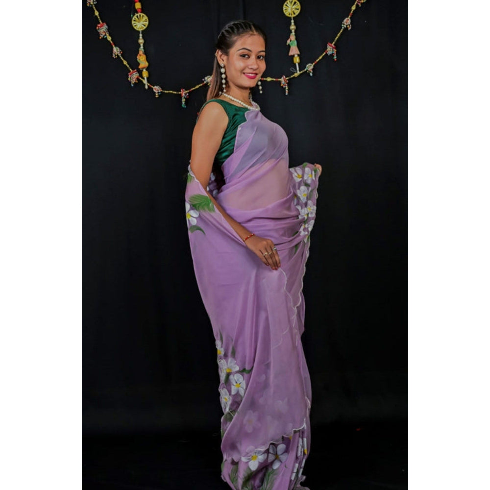 Isadora Life Womens Floral Printed Lavender Pre-Draped Saree with Unstitched Blouse