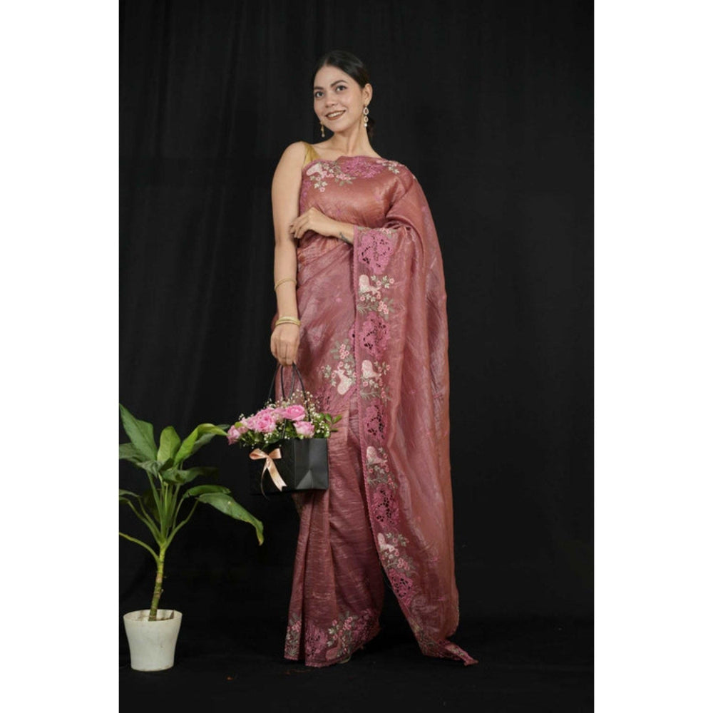 Isadora Life Womens Floral Embroidered Brown Pre-Draped Saree with Unstitched Blouse