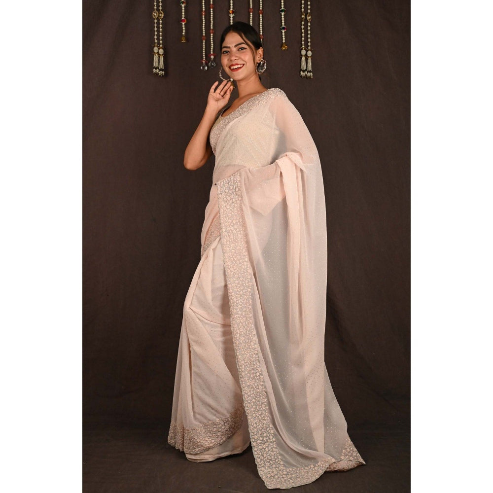 Isadora Life Womens Sequined Embroidered Beige Pre-Draped Saree with Unstitched Blouse