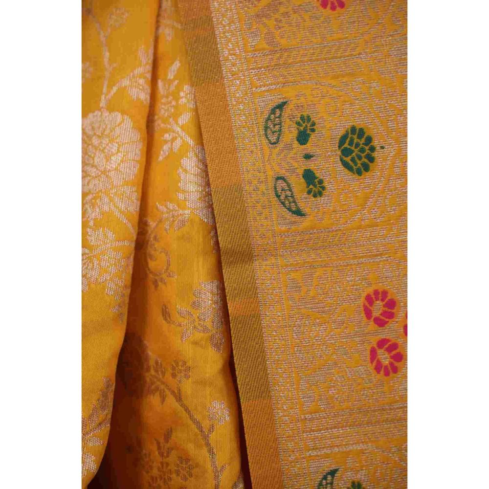 Isadora Life Womens Woven Zari Yellow Pre-Draped Saree with Unstitched Blouse